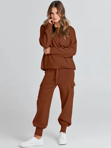 Vista 8 de Caracilia Conjunto de dos piezas para mujer, suéter de punto de manga larga y pantalones deportivos tipo cargo
