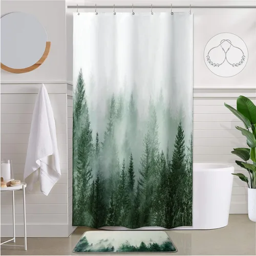 Vista 15 de ORTIGIA 36x72 Cortina de ducha de bosque nebuloso para baño pequeño, cortina de ducha estrecha de naturaleza y bosque en blanco y negro con ganchos