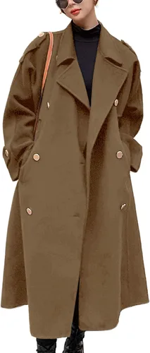 Vista 6 de chouyatou Abrigo de guisante de lana largo midi de doble botonadura para mujer con solapa de muesca, gabardina de invierno Negro