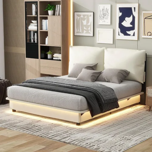 Vista 24 de Cama de plataforma flotante, marco de cama de madera tamaño individual con rayas claras, tela de lino suave y cabecera de diseño capitoné
