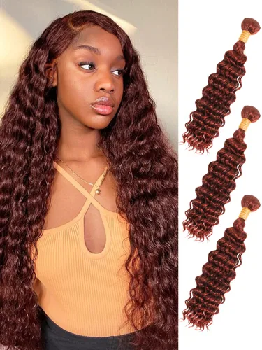 Vista 20 de Cabello Humano Rizado Castaño Rojizo, Trama Gruesa Castaño Cobrizo Rojo Coloreado Ondas Profundas Paquetes Individuales Cabello Humano 12A Tejido