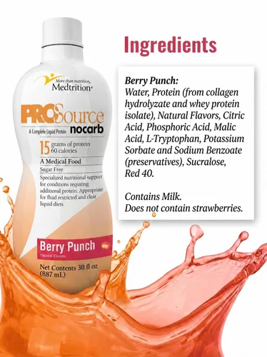 Vista 3 de Péptidos de colágeno líquido tipo I, III, 0.53 oz de proteína por onza. Prosource NoCarb Berry Punch Bottle Medtrition