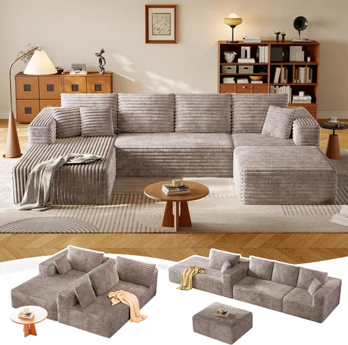Vista 23 de Sofá Seccional Modular de 108.2" con Asiento Profundo, Sofá de Pana en Forma de L sin Estructura, Comodidad Moderna, Sofá Nube de Gran