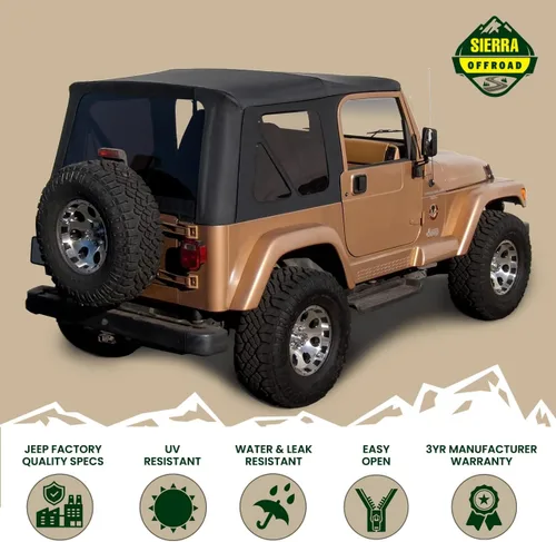 Vista 2 de Revestimiento superior estilo de fábrica Sierra Offroad para Jeep Wrangler TJ (1997-2002), funda blanda con vidrios polarizados, sin puertas Negro
