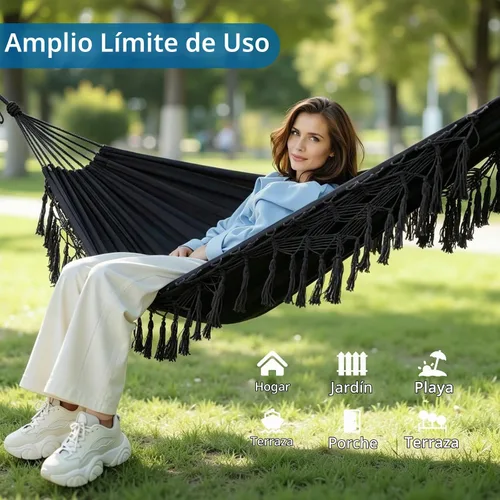Vista 7 de Hamaca doble de estilo brasileño con flecos, hamaca de patio para 2 personas para patio trasero e interior, tela suave y transpirable, fácil