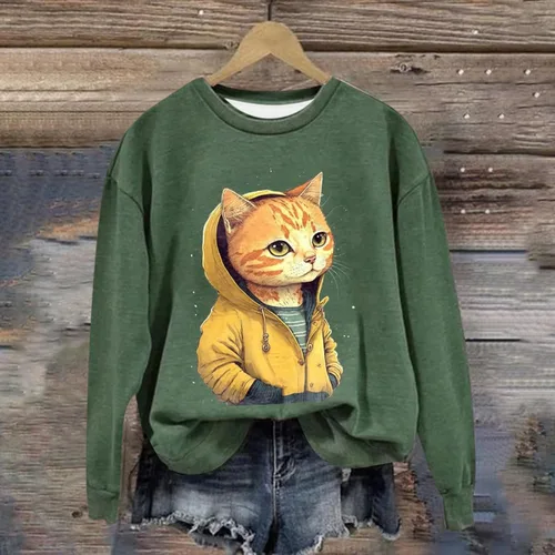 Vista 4 de Sudadera con capucha de moda para mujer, con estampado gráfico de gatoperro, cuello redondo, holgada, 2023, bolsillos de moda, tallas grandes