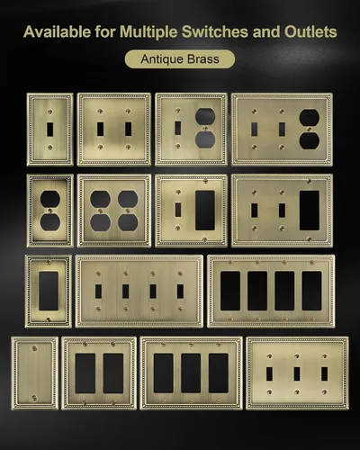 Vista 7 de Paquete de 2 Placas de Cubierta Combinadas para Interruptor de Palanca/Dúplex, Placa de Cubierta de Enchufe de Pared de Metal de Latón Antiguo