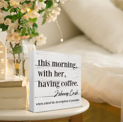 Vista 7 de HOIJAUMAI Letrero de madera con texto en inglés "This Morning with Her Having Coffee" (This Morning with Her Having Coffee) Letrero de madera