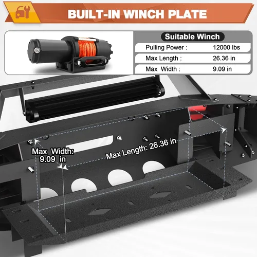 Vista 6 de Parachoques delantero para Ford F-150 2015-2017, F150 parachoques negro con placa de cabrestante, anillos en D, placa de matrícula de luces