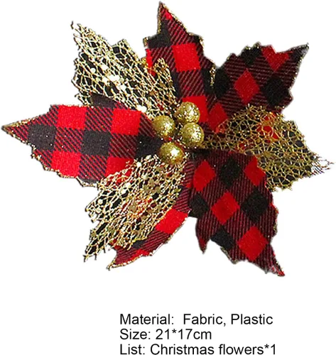 Vista 6 de Artesanía fina floral de Navidad, plástico que no se decolora, color rojo y negro, flor de Navidad para el hogar a cuadros rojos y negros