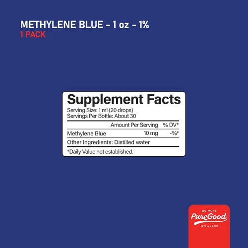 Vista 9 de PureGood Azul de metileno 1% Líquido – 10 mg por 1 mL Porción – 1.0 fl oz (1 fl oz) – Aproximadamente 30 porciones – Probado por terceros – Botella
