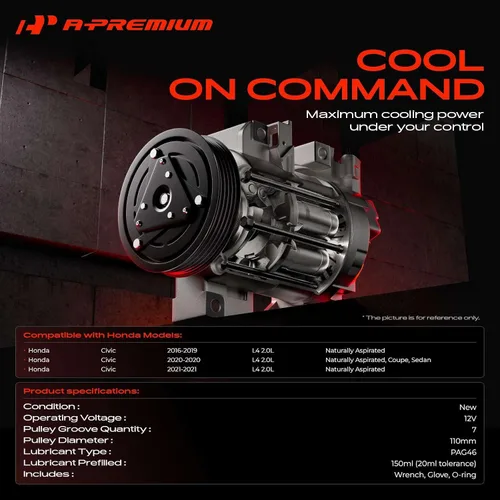 Vista 2 de Compresor de aire acondicionado A-Premium con embrague compatible con Honda Civic 2.0L 2016-2021, con estilo CVC, con polea de 7 ranuras