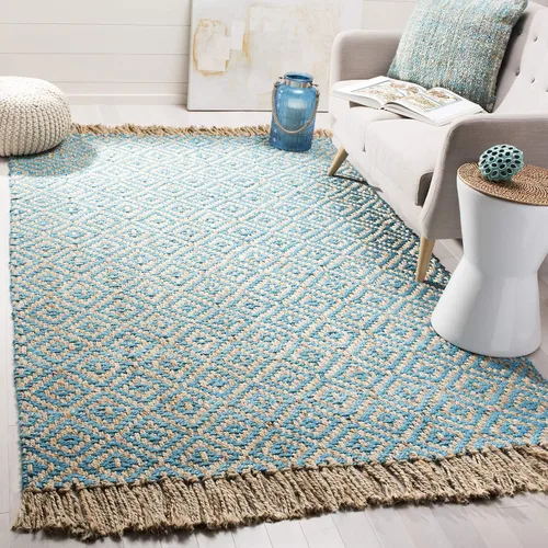 Vista 19 de SAFAVIEH Natural Fiber Collection - Alfombra decorativa, 2.3 x 4 pies, azul tropical y natural, yute bohemio con borlas de diamante, hecho a mano
