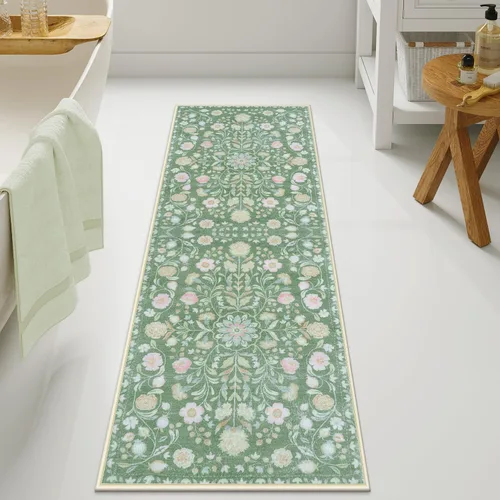 Vista 8 de Uphome Alfombra de baño bohemia con diseño floral beige, ultra suave, antideslizante, vintage, lavable a máquina, alfombra de baño floral para baño