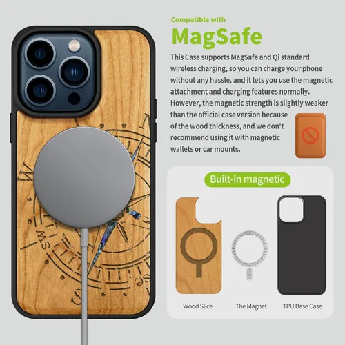 Vista 5 de Carveit Funda magnética de madera para iPhone 15 Pro, compatible con cargadores inalámbricos MagSafe, funda a prueba de golpes, carcasa hecha a mano