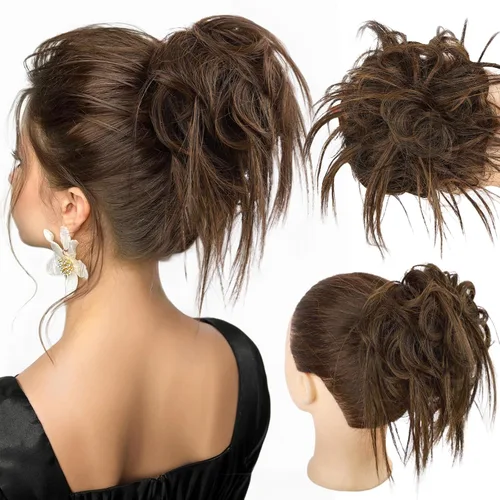 Vista 30 de HMD - Extensiones de cabello tipo chongo alborotado con rodelo despeinado, banda elástica de goma, extensiones de cabello sintético para mujer