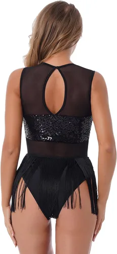 Vista 4 de winying Leotardo de baile de jazz latino con borlas de lentejuelas brillantes para mujer
