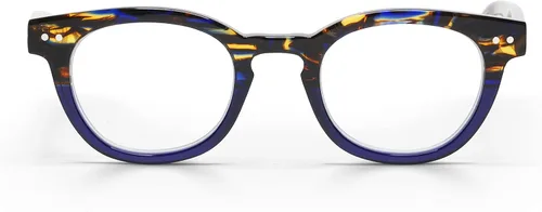 Vista 17 de eyebobs - Waylaid Gafas de lectura tradicionales y azules de primera calidad Marco redondo para caras promedio Ámbar se desvanece frente
