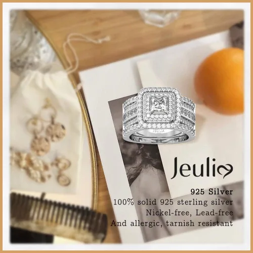 Vista 3 de Jeulia Juego de 3 anillos potenciadores para mujer, plata de ley 925, anillos de compromiso con diamantes de corte princesa, anillos de compromiso