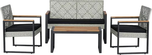 Vista 7 de JONATHAN Y Wilder - Juego de patio al aire libre de 4 piezas, color blanco lavado PE Rattan Woven Conversation Seating, Acacia Wood Table, Black