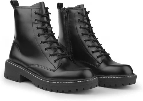 Vista 3 de ICHIGO - Botines al tobillo de moda para mujer, botas de combate con 8 ojales, cremallera lateral y cordones