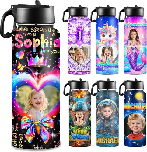 Vista 15 de Botella de agua personalizada con foto, botella de agua deportiva de acero inoxidable con imagen personalizada para niños, hombres y mujeres