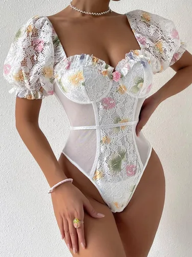 Vista 3 de WDIRARA Body de manga corta con volantes y encaje de contraste para mujer, diseño floral