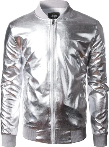Vista 2 de JOGAL Chaqueta plateada metálica para hombre, disfraz de discoteca de los años 70