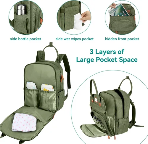 Vista 4 de LANDICI Mochila para pañales multifunción con cambiador, correas para cochecito y funda para chupete, mochila de viaje para mamá, papá, niño, niña