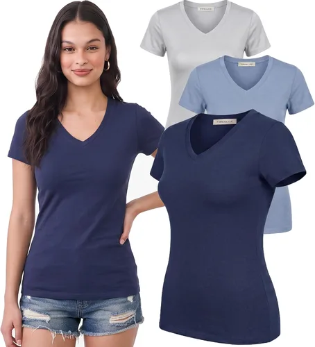 Vista 176 de Emmalise Camiseta de manga corta para mujer, cuello en V, tallas junior y plus