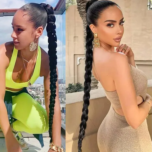 Vista 5 de Extensión de cola de caballo de trenza larga con lazo elástico, 1 unidad, extensiones de cabello sintético lacio y elegante envolvente para mujer