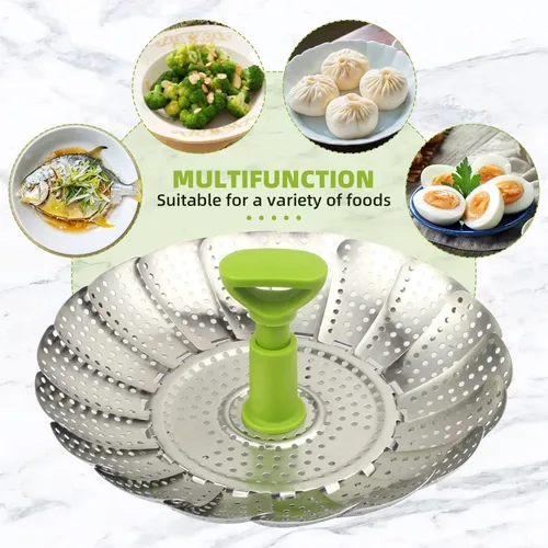 Vista 5 de Cesta de vapor plegable de acero inoxidable (7-11 pulgadas) con mango resistente al calor, ideal para cocinar mariscos, verduras, frutas, expandible