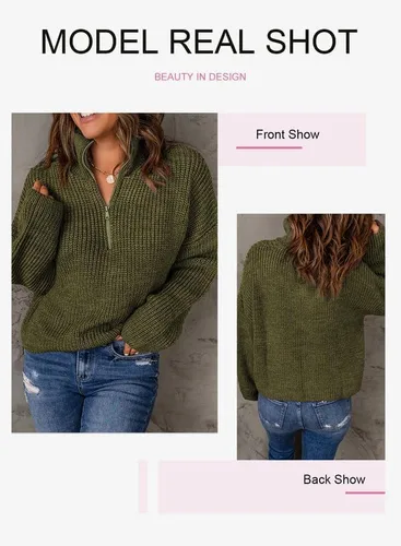 Vista 7 de EVALESS Suéteres con cremallera de un cuarto para mujer, suéter de manga larga Waffle Kint, trajes casuales de negocios
