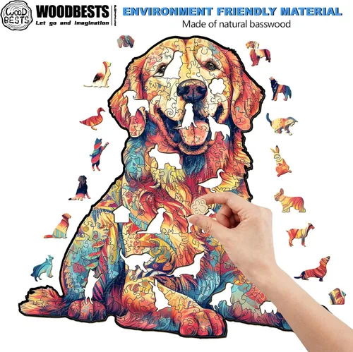 Vista 2 de WOODBESTS Rompecabezas de madera para adultos – Loyal Golden Retriever, rompecabezas de madera de perro, rompecabezas únicos de madera de animales