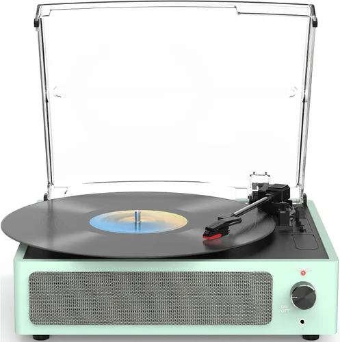 Vista 12 de Tocadiscos de vinilo vintage con altavoces, giradiscos accionados por correa, compatible con 3 velocidades, reproducción inalámbrica Bluetooth