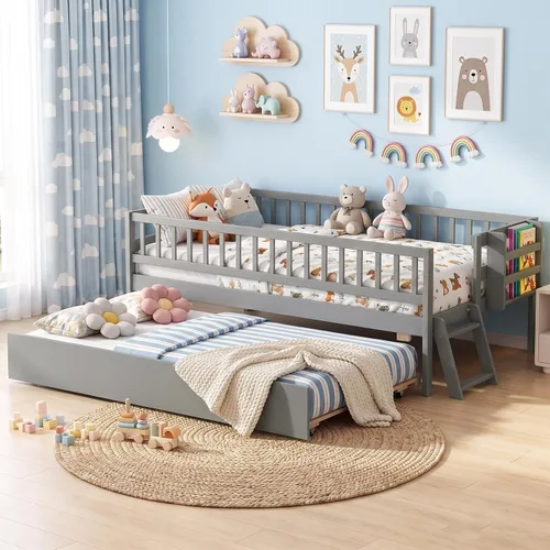 Vista 13 de KOMFOTT Base de cama individual de madera con rieles de valla y 2 cajones extraíbles, marco de cama individual para niños con estante lateral,