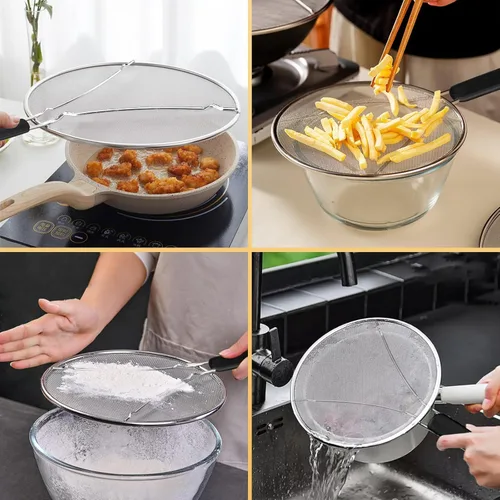 Vista 6 de Pantalla contra salpicaduras para cocinar, protector de salpicaduras de grasa de acero inoxidable para sartén, tapas de malla ultra fina, juego de 3