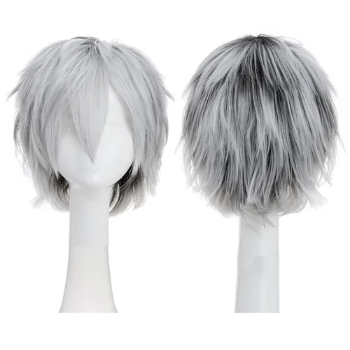 Vista 3 de Pelucas de pelo sintético lacio, corto y esponjoso. Para fiestas de cosplay, anime peluca con pelo despeinado y puntiagudo, para hombre y mujer