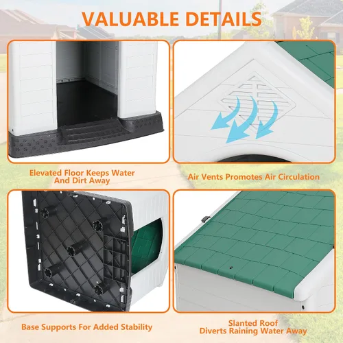 Vista 6 de ZENY Casa de plástico para perros – Perrera impermeable con rejillas de ventilación y suelo elevado para todo tipo de clima para interiores