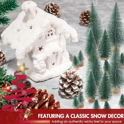 Vista 5 de Geetery 25 piezas de mini árboles de Navidad, árboles artificiales de pincel de botella con base de madera, árbol de Navidad de sisal de pueblo