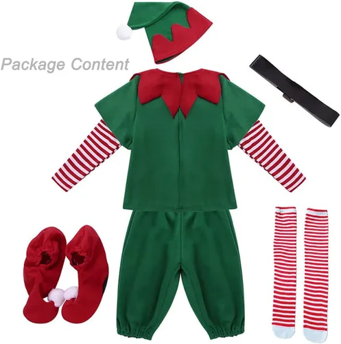 Vista 8 de TPMG Disfraz de elfo de Navidad para niños pequeños y niñas, ropa de vestir con sombrero, calcetines para botas