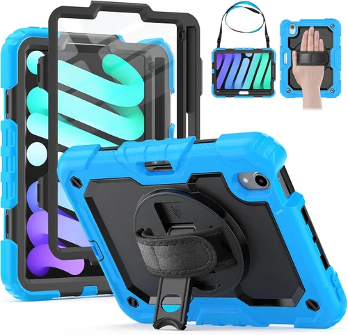 Vista 11 de HXCASEAC Funda para iPad mini 7 (A17 Pro)/iPad mini 6 de 8.3 pulgadas, protección de cuerpo completo con correa de transporte, correa de mano