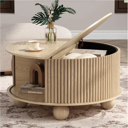 Vista 13 de JOINICE Mesa auxiliar ovalada de 42.5 pulgadas con almacenamiento, moderna mesa central negra con diseño estriado, patas de madera maciza