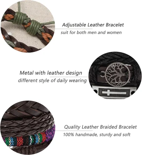 Vista 4 de Juego de 30 pulseras de cuero trenzado para hombres y mujeres, pulseras de cuentas de madera, cuerdas de cáñamo, étnicas tribales hechas a mano