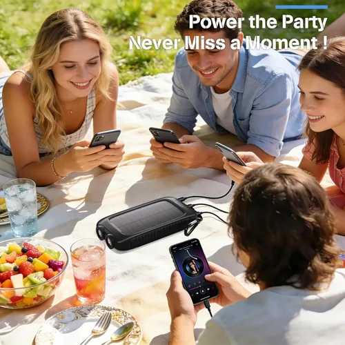 Vista 9 de Banco de energía solar de 20000 mAh, cargador portátil negro con salidas USB-C y USB-A, batería de reserva de emergencia, linterna LED, para iPhone