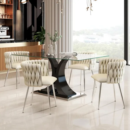 Vista 2 de Juego de comedor moderno de vidrio de lujo de 5 piezas, juego de cena rectangular minimalista grande para 4, juego de mesa de cocina de vidrio