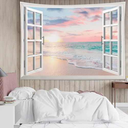 Vista 19 de HVEST Tapiz de playa para colgar en la pared, paisaje tropical azul océano, tapiz natural para dormitorio, palmera verde con cielo azul, nube