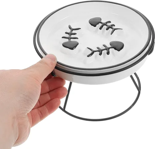 Vista 4 de Ceramic Cat Bowl Elevated Slow Feeder with Iron Stand