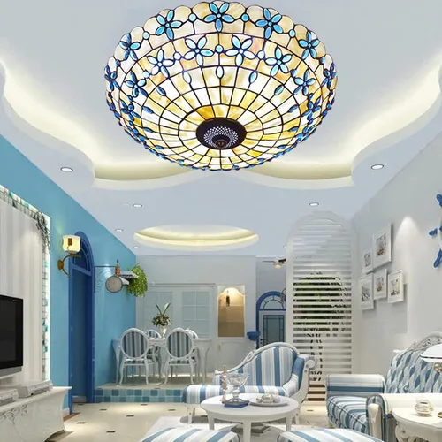 Vista 11 de Tiffany - Lámpara de techo de montaje empotrado, lámpara de techo LED de vitral, hecha a mano con cuentas de vidrio de colores azules
