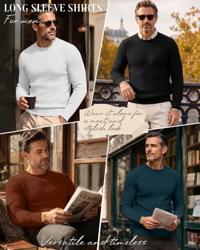 Vista 2 de Paquete de 5 camisas térmicas de algodón para hombre, manga larga, acanaladas, cuello redondo, ajustadas, suéter casual
